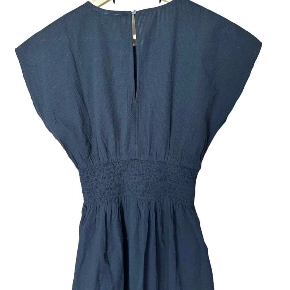 Madewell Smocked Waist Midi Dress Stripe Seersucker Linen Blend Black XS NWT - Picture 9 of 13